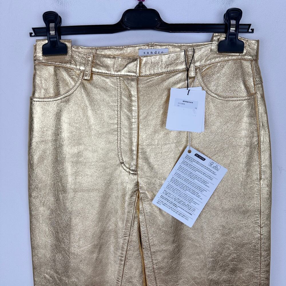Sandro Metallic Lambskin Leather Kick Flare Pants Gold Ankle Crop FR 36 US 4 NWT - Picture 9 of 16